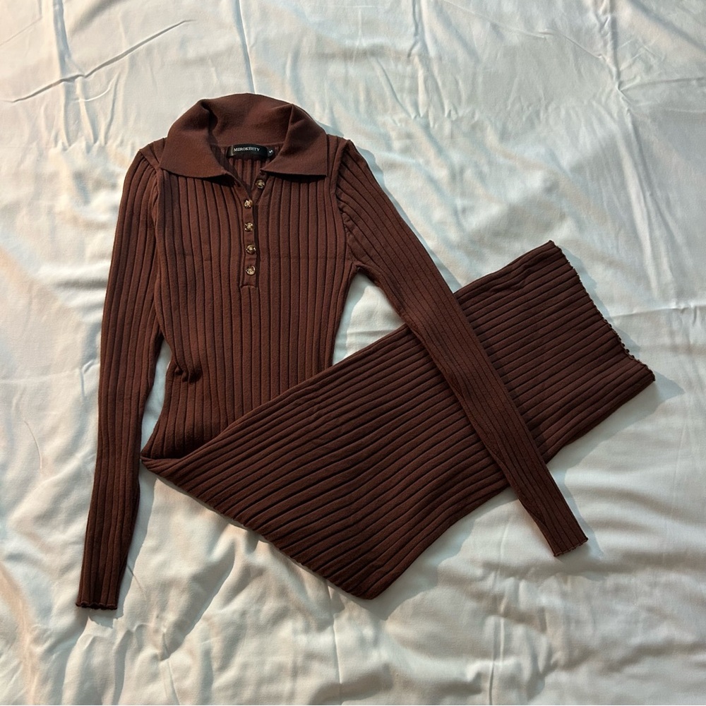 Brown Ribbed Knit Dress